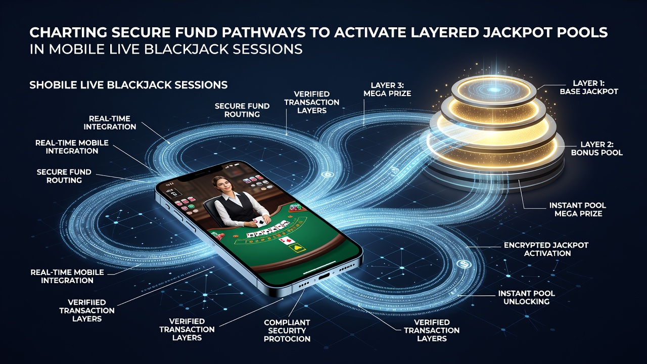 Darstellung mobiler Live-Blackjack-Schnittstelle mit aktivierten Jackpot-Pools und verschlüsselten Zahlungsflüssen