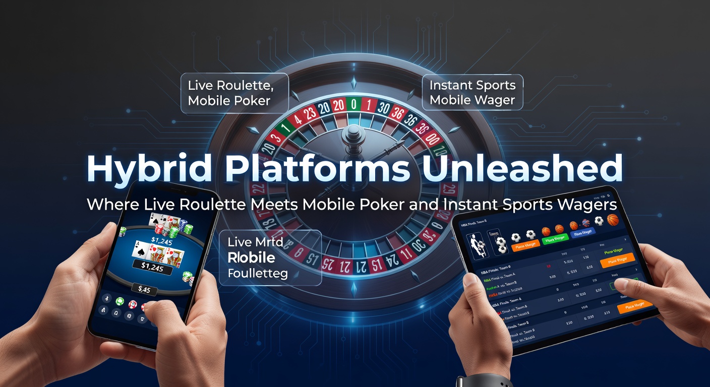 Darstellung einer modernen Hybrid-Plattform mit Live-Roulette-Tisch, Poker-App auf Smartphone und Echtzeit-Sportwetten-Overlay